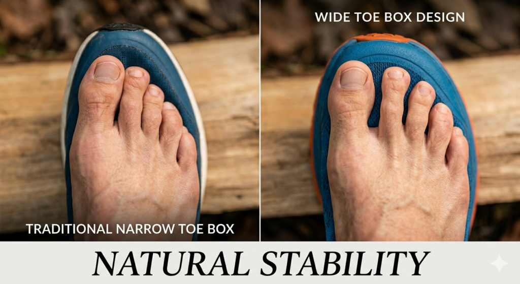 Close-up comparison of wide toe box design vs traditional narrow running shoes for trail running.