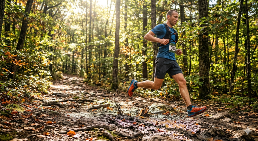 Professional runner using running shoes for trail running on a technical forest path at sunrise.
