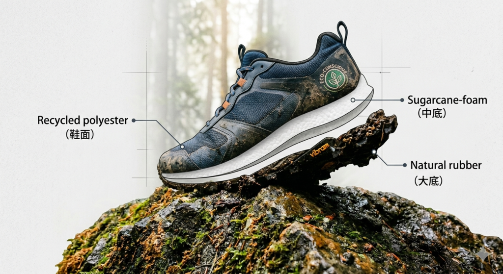 Technical diagram of eco-friendly trail running shoe layers including bio-foam and recycled materials.