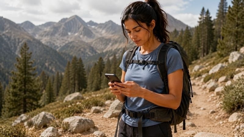 Young beginner hiker checking trail distance and time on smartphone at trailhead before starting a hike