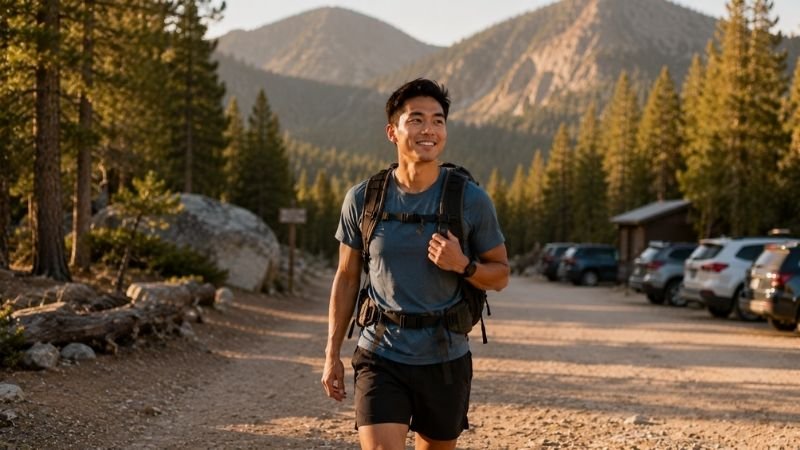 Young beginner hiker returning to the trailhead with a satisfied smile after successfully completing a planned hike before sunset
