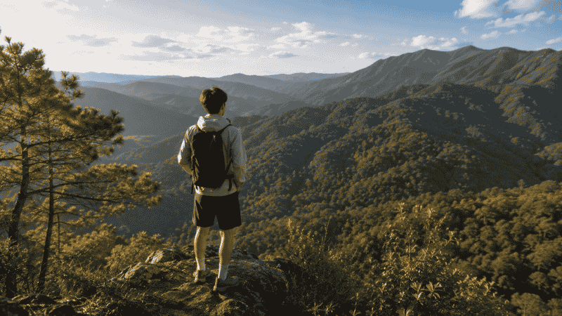 Beginner hiker standing at a scenic viewpoint looking out over a forested valley after completing their first trail