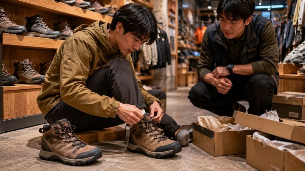 Young beginner trying on hiking boots in an outdoor gear store with the help of a sales assistant