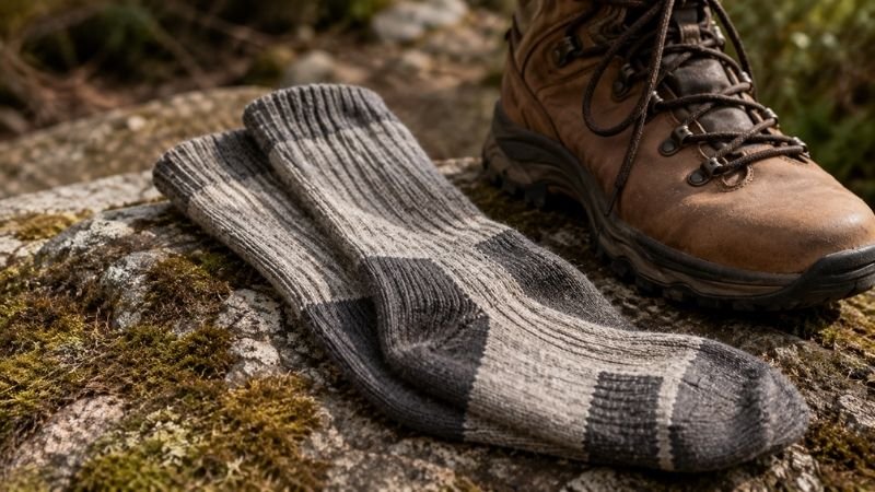 A pair of thick merino wool hiking socks placed next to a hiking boot on a rock outdoors