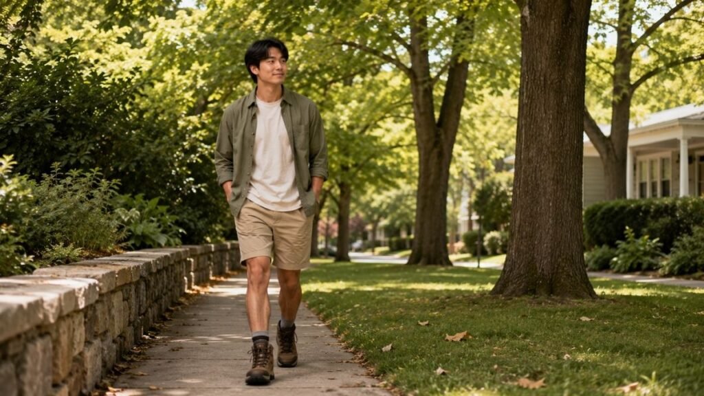 Young person walking on a suburban path wearing new hiking boots during the break-in period before hitting the trail