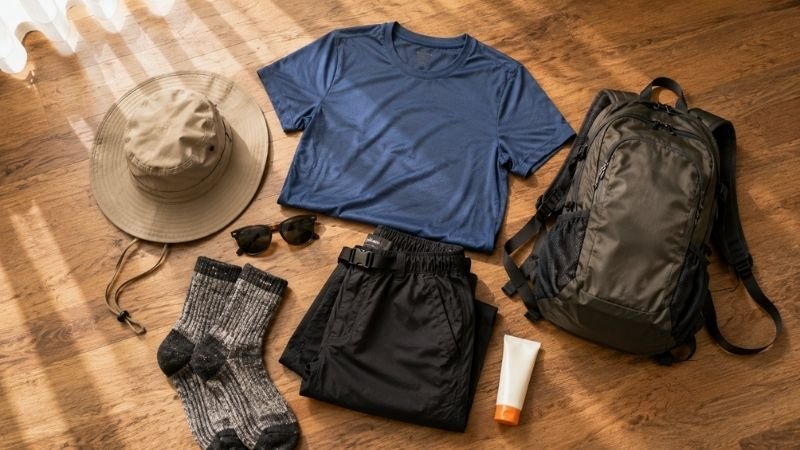 Overhead flat lay of a complete beginner hiking outfit including moisture-wicking shirt, hiking pants, wool socks, daypack, hat, sunglasses, and sunscreen