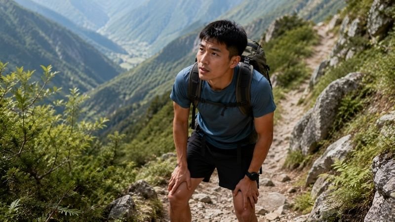 Hiker climbing a steep trail section showing how elevation gain significantly increases hiking time for beginners