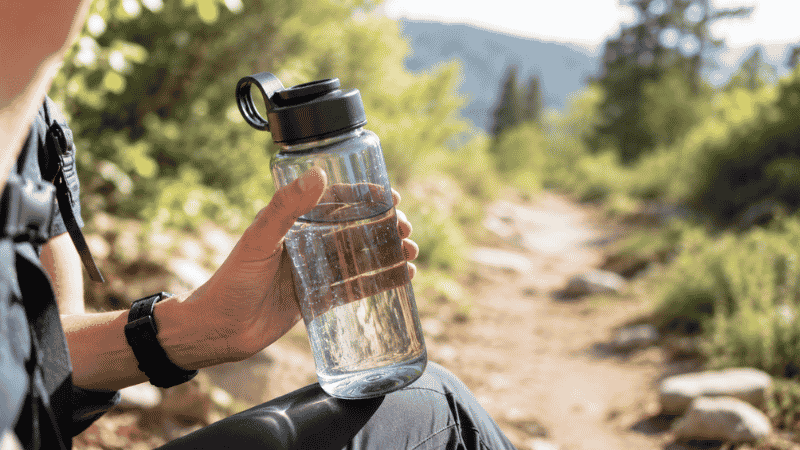 Hiker drinking water from a reusable bottle on a sunny trail