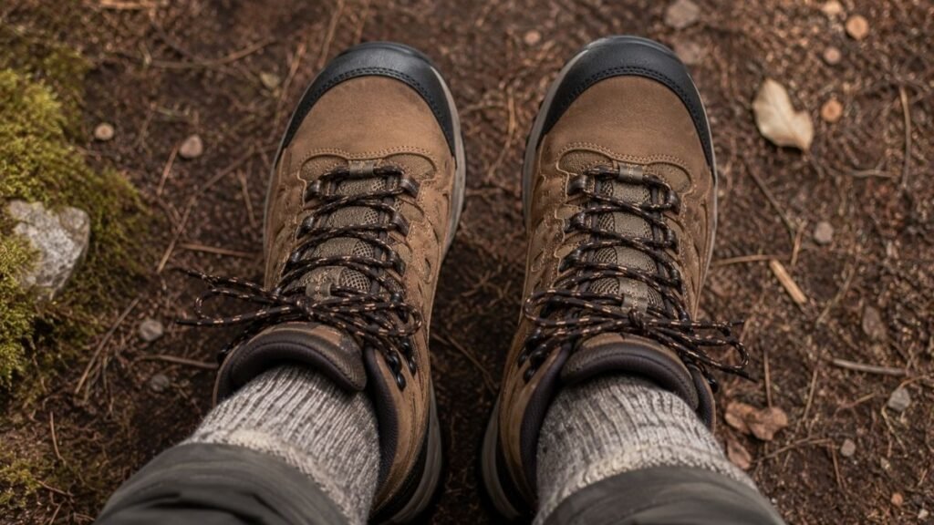 Overhead view of feet in wool hiking socks inside new hiking boots performing a toe wiggle fit test