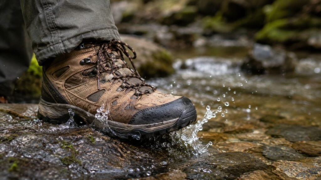 Hiking boot stepping on the edge of a shallow stream showing the limits of waterproof footwear
