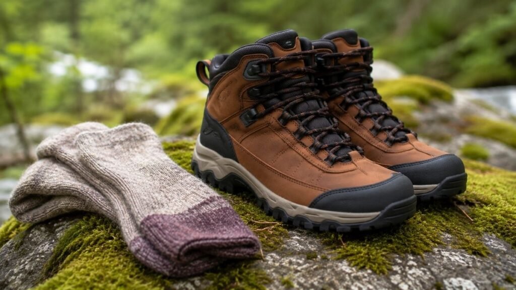 A pair of new hiking boots placed on a mossy rock outdoors next to wool hiking socks, ready for a beginner's first hike