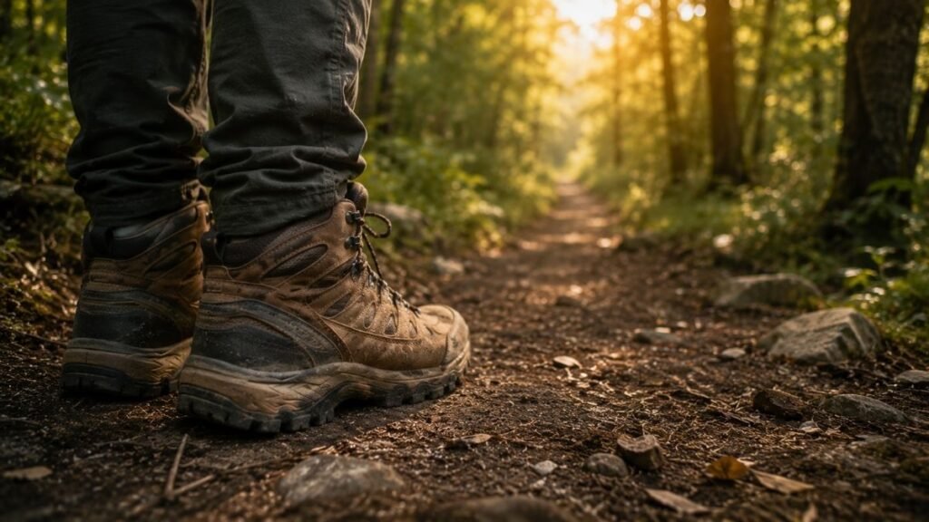 Low-angle view of hiking boots at the start of a forest trail ready for a beginner's first hike