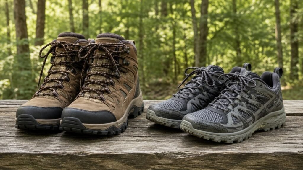 Side-by-side comparison of a traditional hiking boot and a lightweight trail running shoe for beginner hikers