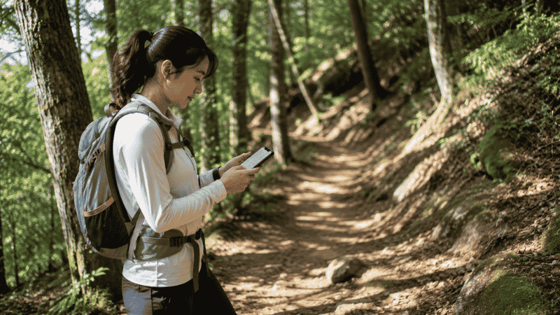 Beginner hiker pausing on a forest trail to check offline navigation map on smartphone