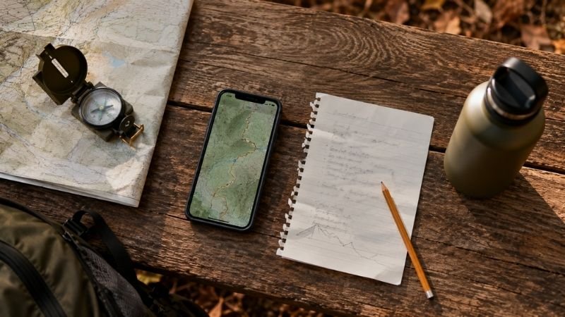 Overhead view of hiking trip planning setup with trail map on phone, handwritten time notes, and water bottle on a wooden table