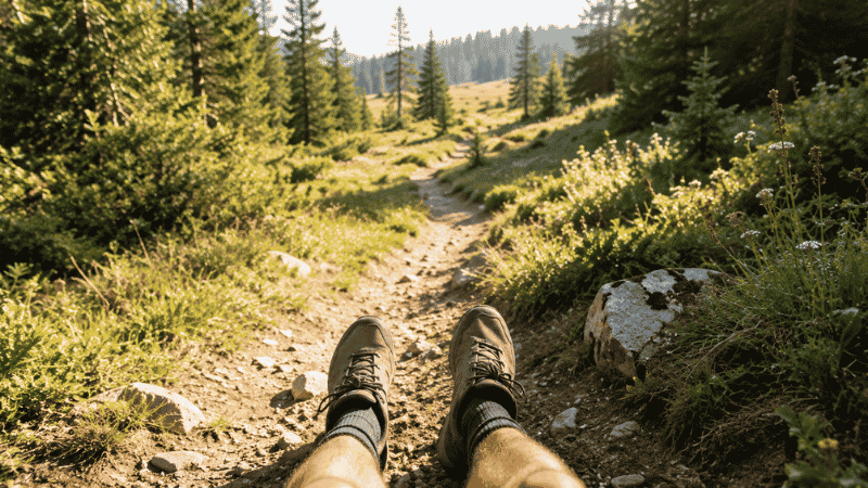 First-person view of hiker's feet on a dirt trail looking ahead into a sunny forest path