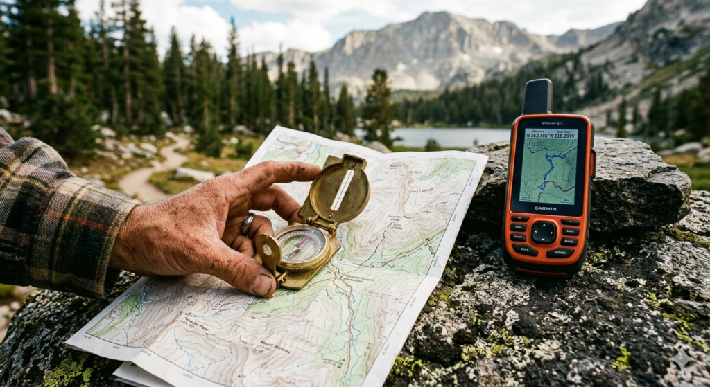 A rugged hand using a baseplate compass and topographical map next to a modern GPS device on a rock, illustrating essential backpacking navigation tools.