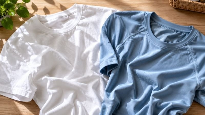 Side-by-side comparison of a cotton t-shirt and a moisture-wicking athletic shirt showing why cotton is not recommended for hiking