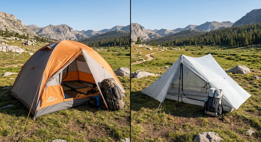 Side-by-side comparison of a heavy traditional 4-person dome tent and a sleek ultralight DCF trekking pole tent for weight reduction.