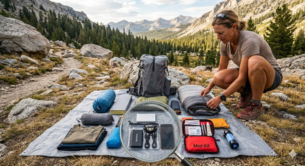 A hiker organizing an ultralight backpacking gear flat lay on a groundsheet with a focus on compact electronics and a small med-kit.