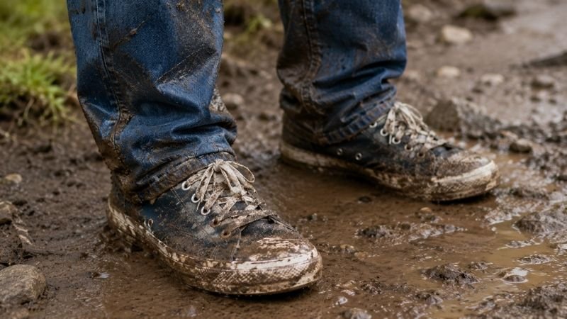 Muddy wet jeans and regular sneakers on a dirt trail showing what not to wear hiking as a beginner