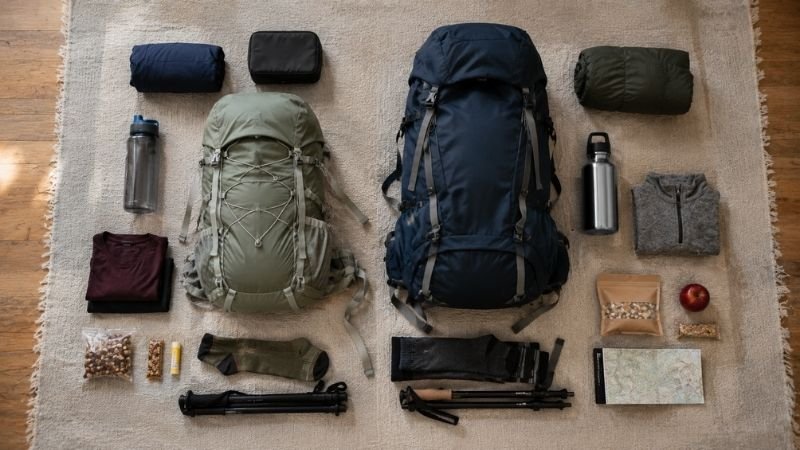 Side-by-side comparison of a 20L and 30L hiking daypack with gear laid out showing the size difference for beginner hikers