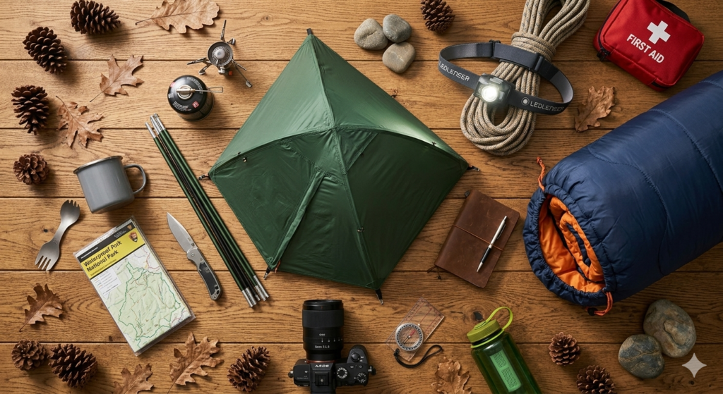 Beginner gear checklist including tent, sleeping bag, and headlamp for someone learning how to camp.