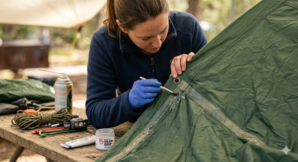 Maintaining camping gear by cleaning a tent and checking the waterproof seams.