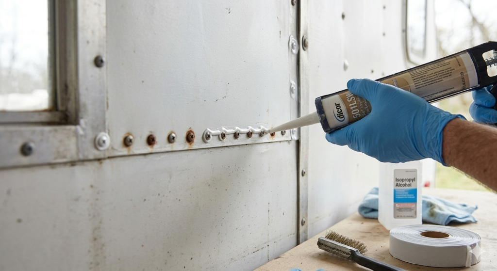 Practical demonstration of how to seal RV camper wall fasteners to prevent water damage.