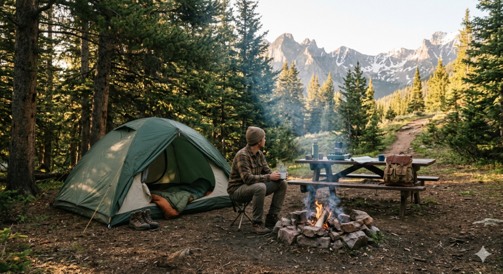 A cozy morning setup showing how to camp in the mountains with a campfire and a tent.