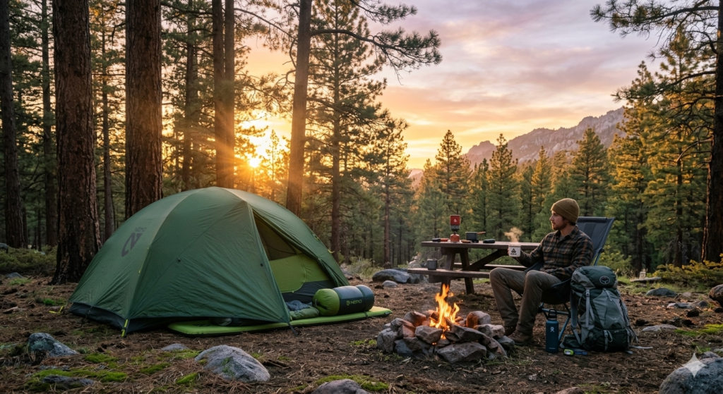 A scenic campsite featuring high-quality camping gear and a tent during a golden hour sunset.