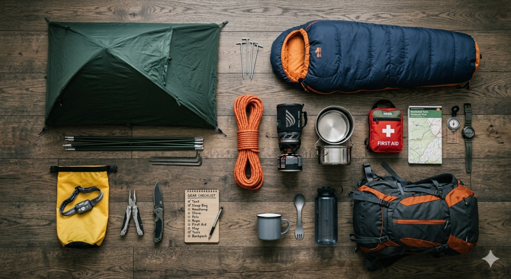 A comprehensive camping gear checklist laid out neatly including tent, stove, and tools.