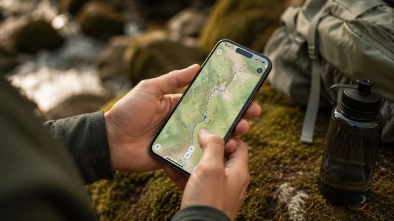 Hiker's hands holding a smartphone with a trail navigation map displayed while planning a hike outdoors