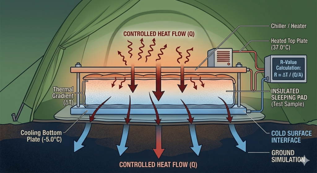 ASTM F3340 sleeping pad R-value thermal resistance testing standard diagram.