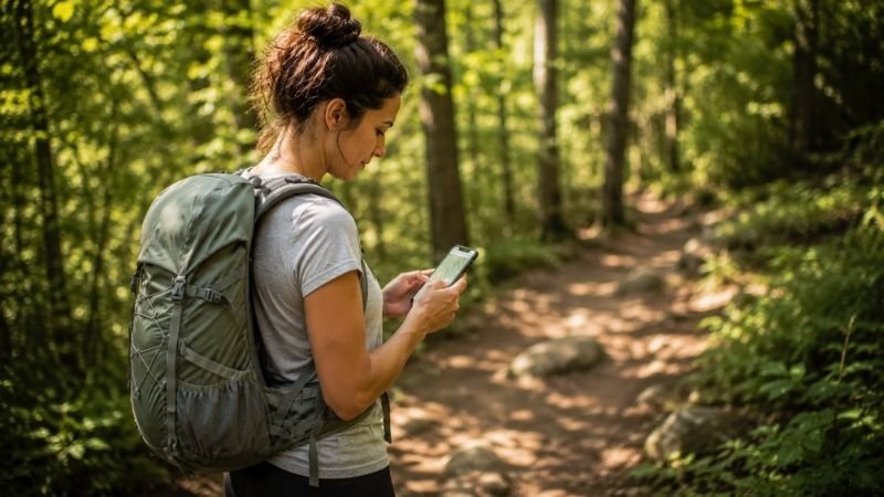 Young beginner hiker checking a hiking trail map app on their smartphone while standing on a forest trail