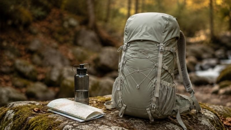 A lightweight hiking daypack packed and ready on a mossy rock with a water bottle and trail map beside it