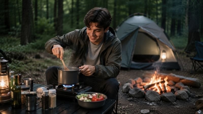 Young beginner camper cooking a meal on a portable camp stove near a campfire with steam rising from pot showing camp cooking for beginners