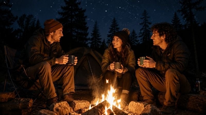 Three young friends sitting around a campfire at night holding warm drinks and smiling showing the best part of camping for beginners