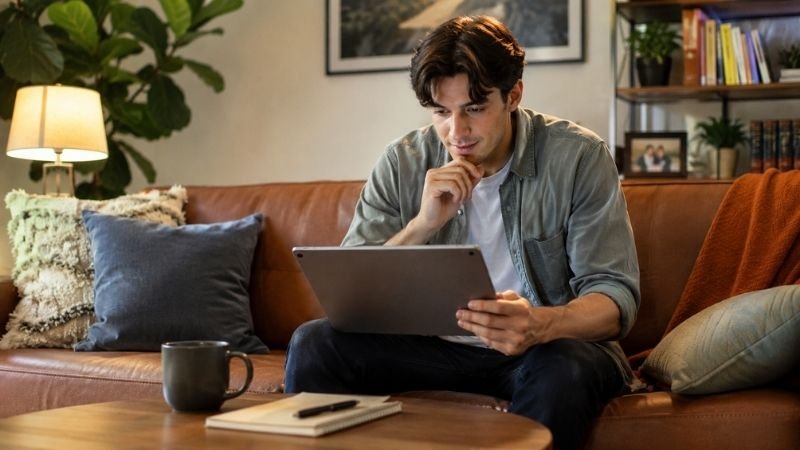 Young beginner camper sitting at home researching and planning their first campsite reservation on a laptop with coffee and notes nearby