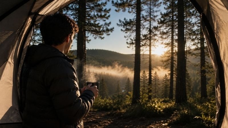Young camper standing at tent door in morning forest light holding coffee mug looking peacefully at nature showing the rewarding morning experience of camping for beginners