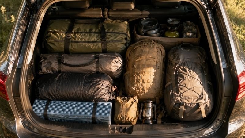 Overhead view of packed camping gear including tent, sleeping bag and cooking kit neatly loaded in a car trunk ready for a beginner's first camping trip
