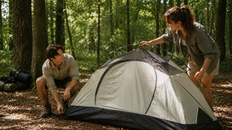 Two beginner campers working together to set up a dome tent at a forest campsite showing collaborative first-time tent setup
