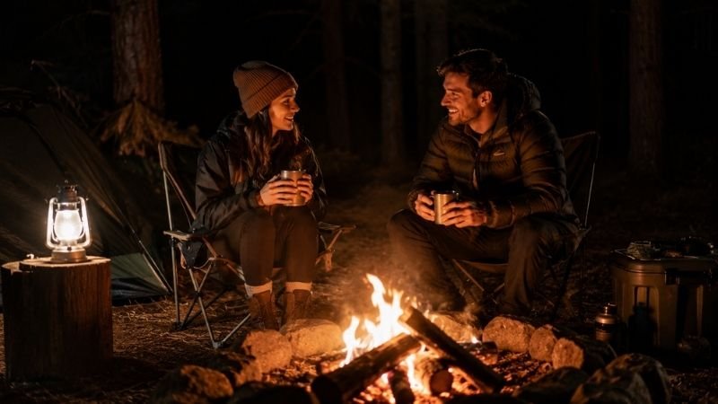 Two young campers sitting in camp chairs beside a campfire at night with warm drinks enjoying a comfortable first camping experience