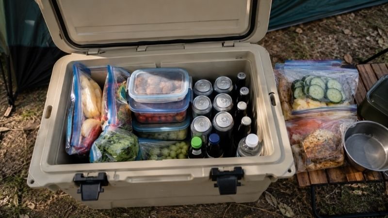Open camping cooler with organized food and drinks beside sealed containers at a campsite showing proper camping food storage for beginners