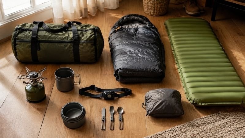 Complete beginner camping gear including tent, sleeping bag, sleeping pad, headlamp and cooking supplies laid out in an organized flat lay on a wooden floor