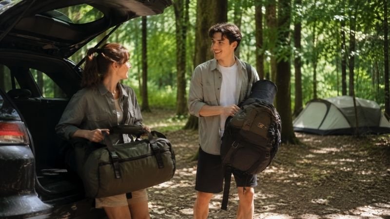Two young beginner campers arriving at a forest campsite for the first time unloading gear with excited expressions ready for their first camping experience