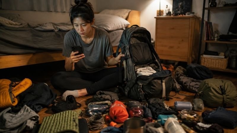 Young beginner camper sitting on bedroom floor surrounded by camping gear checking a packing list on their phone before their first camping trip