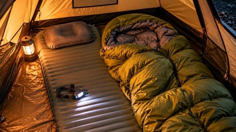 Inside a tent showing a sleeping bag and sleeping pad laid out side by side demonstrating the essential camping sleep system for beginners