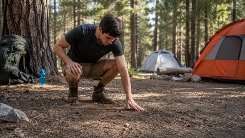 Young camper checking ground levelness at a campsite before setting up a tent showing proper campsite selection technique