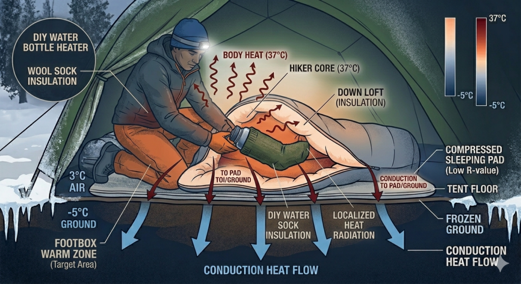A hiker placing a sock-covered hot water bottle into the footbox of a sleeping bag as a DIY heater.